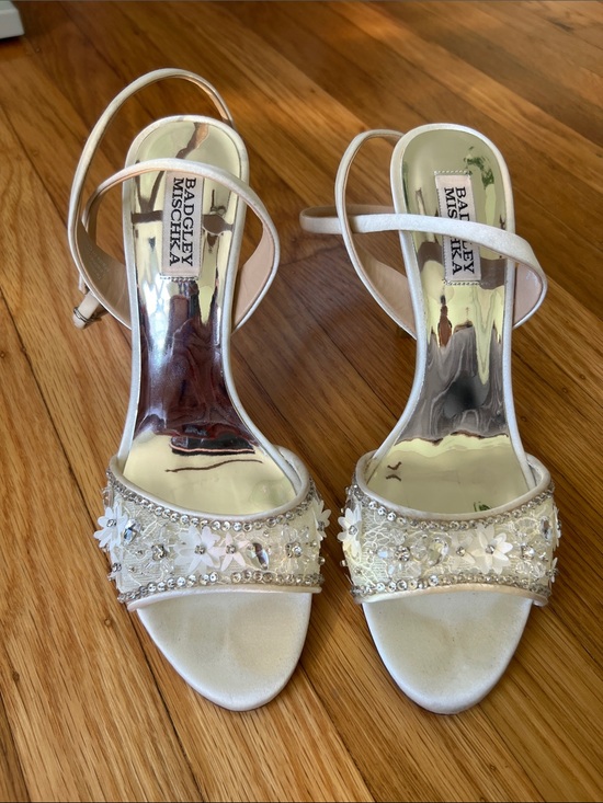 Badgley Mischka Shoes - Badgley Mischka Ivory Beaded Floral Open-Toe Heels